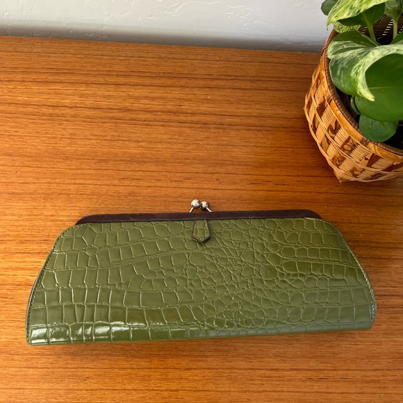 Vintage Green Crocodile and Brown Suede Clutch Purse Faux Leather Handbag - Picture 6 of 8